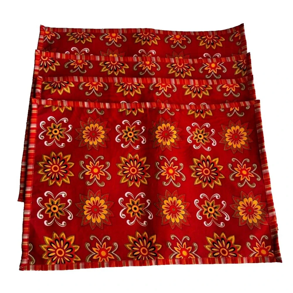 Pier 1 Estrella Placemats Set 4 Red Yellow Floral Reversible Stripe 19x13 Home